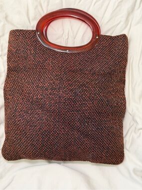 Vintage 60s Tweed Woven Knit Tote with Oval Lucite Handles - Brown/Black